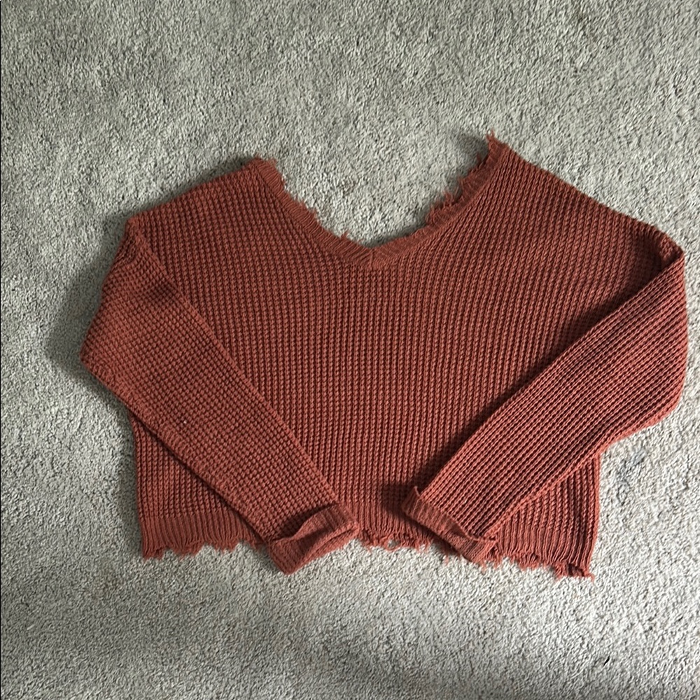 Rust Knit Sweater with Frayed Edges